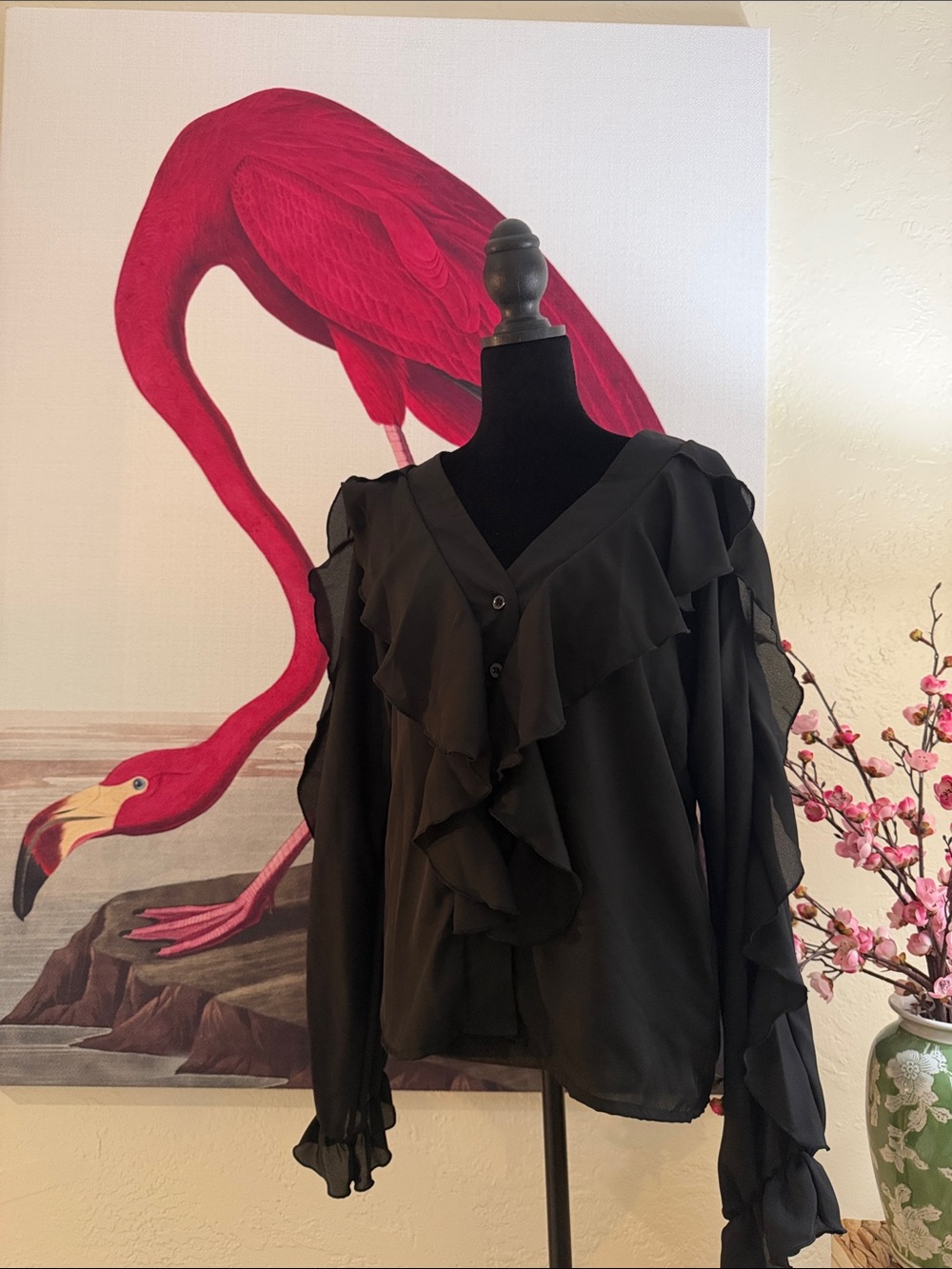 Source Unknown Black Ruffle V-Neck Blouse
